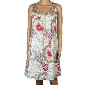 Apostrophe Sleeveless White Beige Red Floral Print Beaded Neckline Dress Size Sm